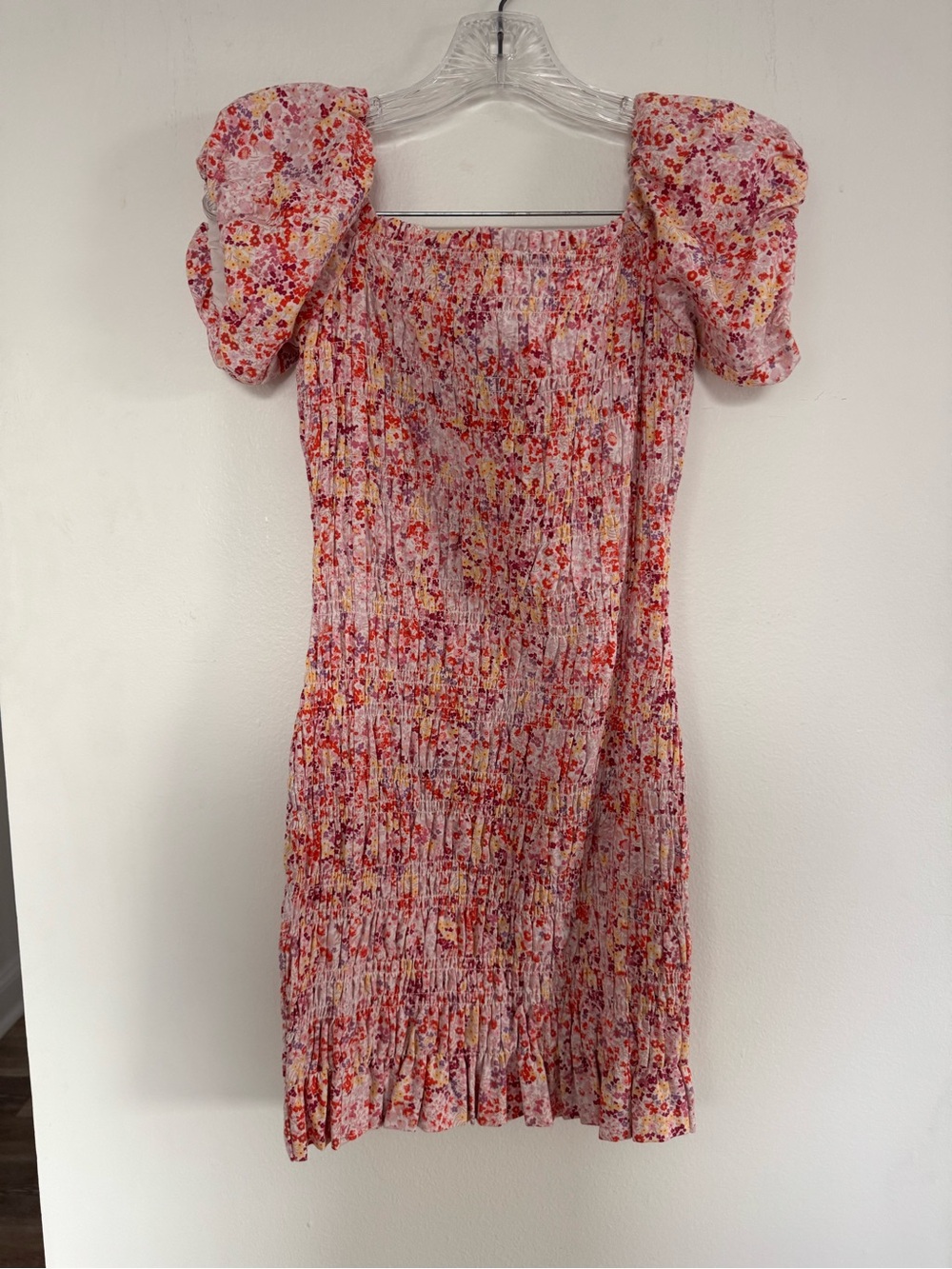 H&M Pink Floral Smocked Mini Dress Puff Sleeve Square Neck Size Small S